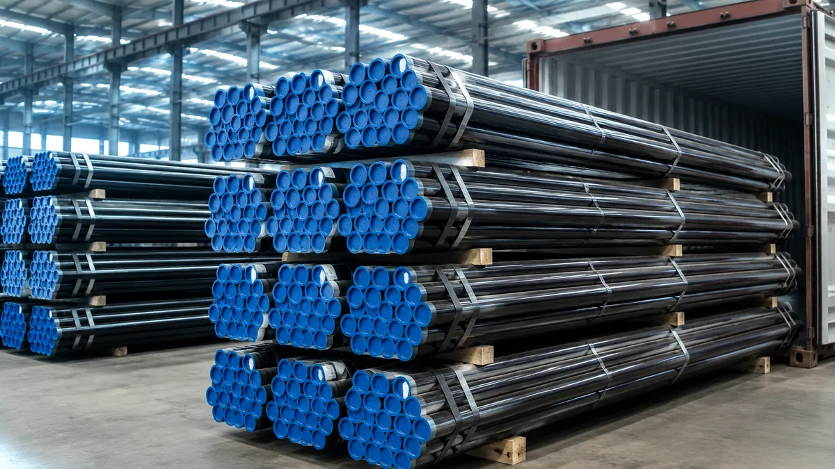 Tuberías API 5L aseguradas para embalaje de exportación con protectores de extremo y etiquetas de bulto