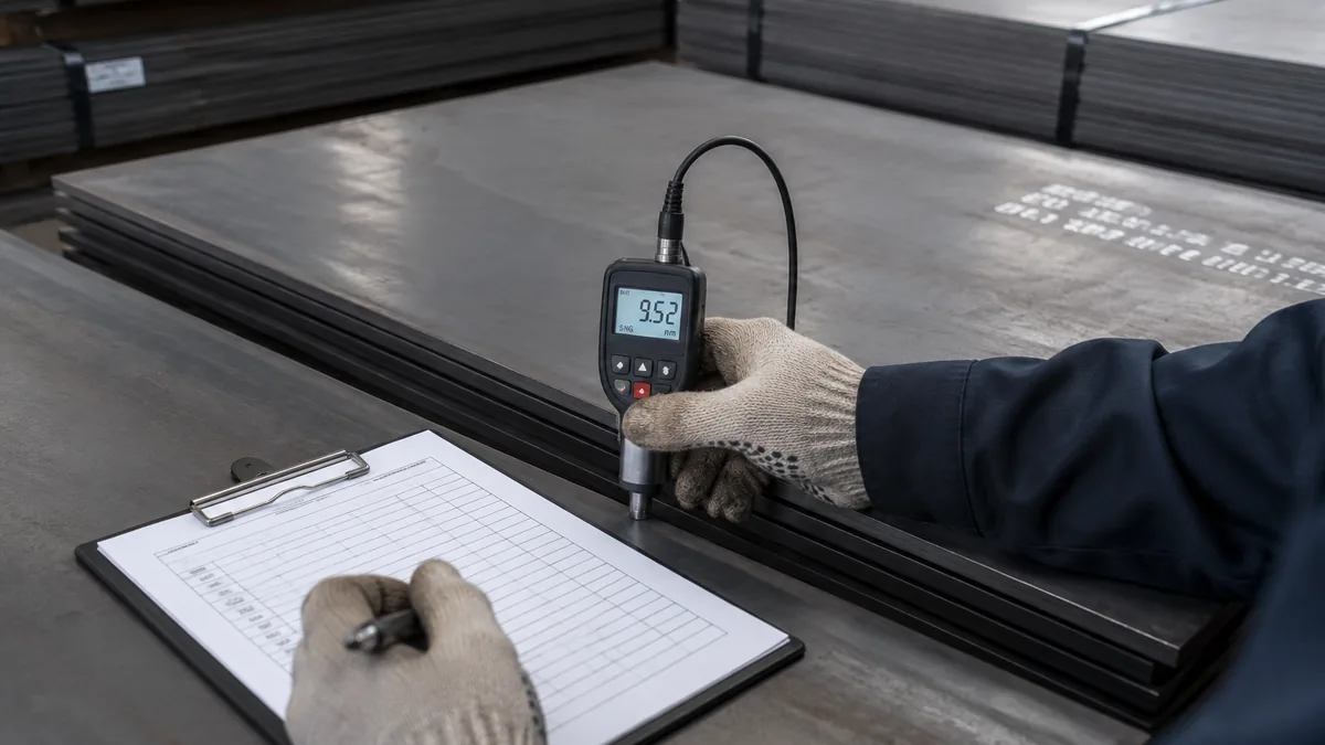 Inspector comprobando la condición de superficie y el espesor de chapa laminada en caliente antes del envío