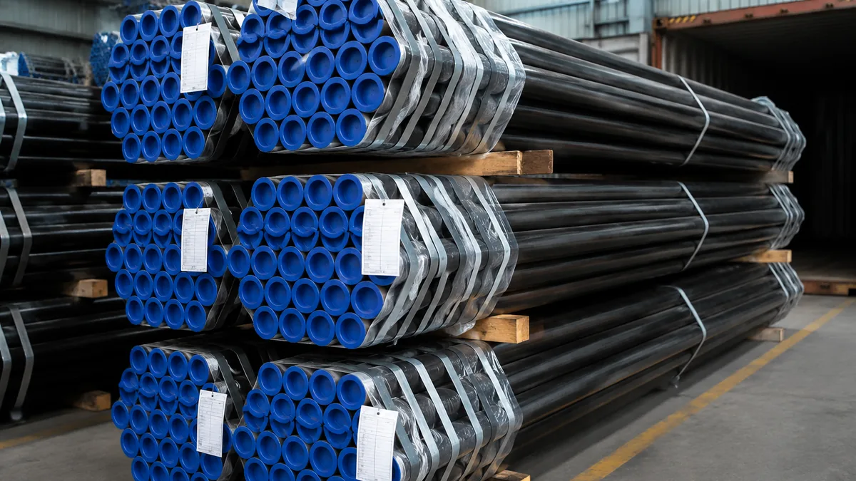 Bultos de tubo de acero al carbono embalados con protectores de extremo para carga en contenedor