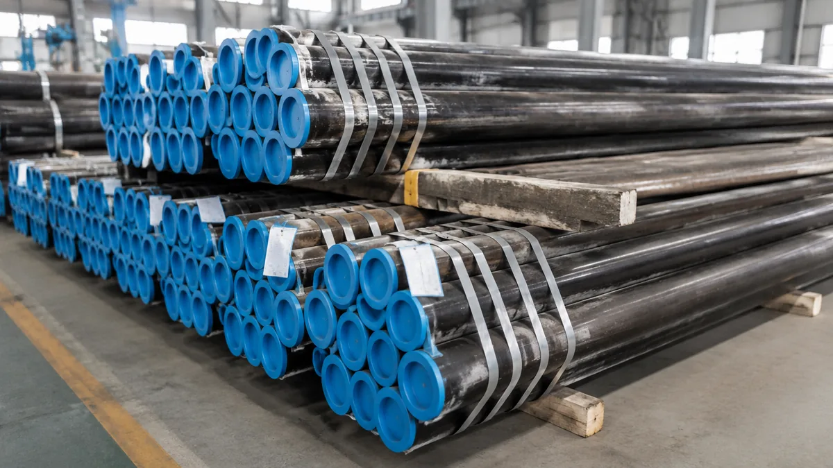 Bultos de tubo soldado preparados para exportación con protectores de extremo y etiquetas