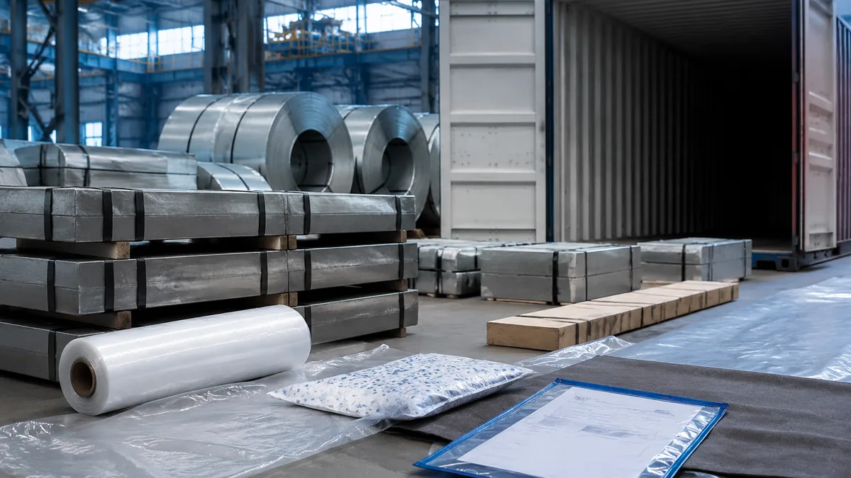 Bobinas de acero embaladas para flete marítimo con expedientes de exportación sin marcas listos para el declarante de la UE