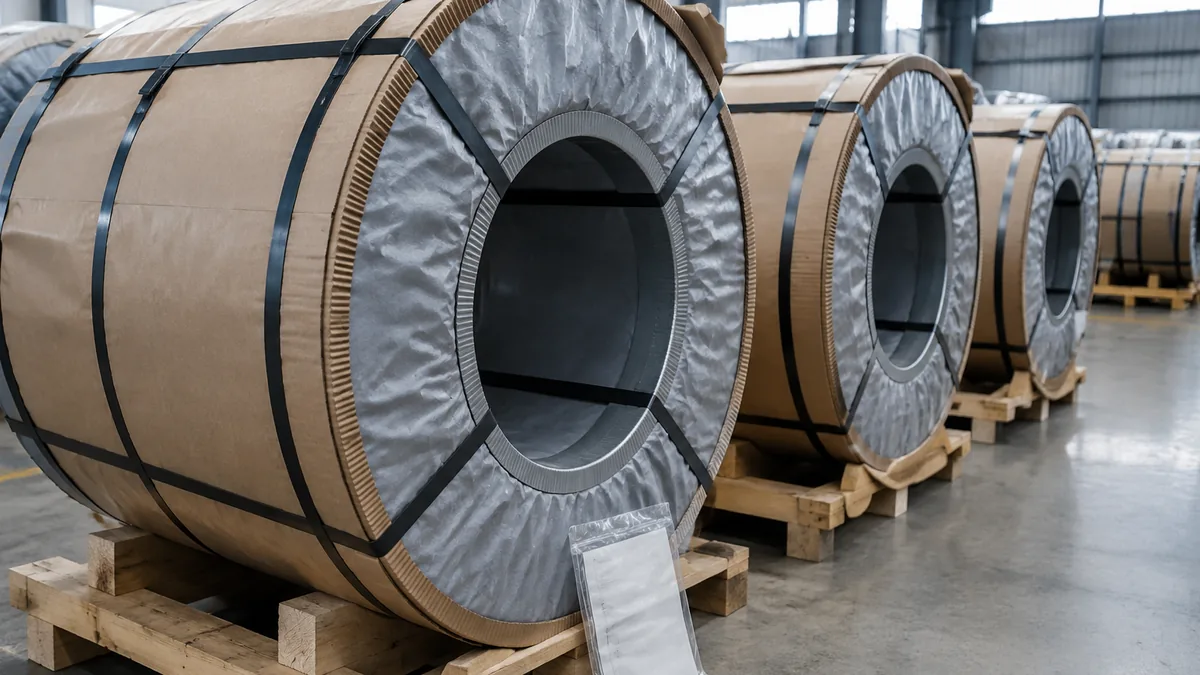 Bobinas de acero fijadas en contenedor con documentos de exportación preparados para envío a la UE