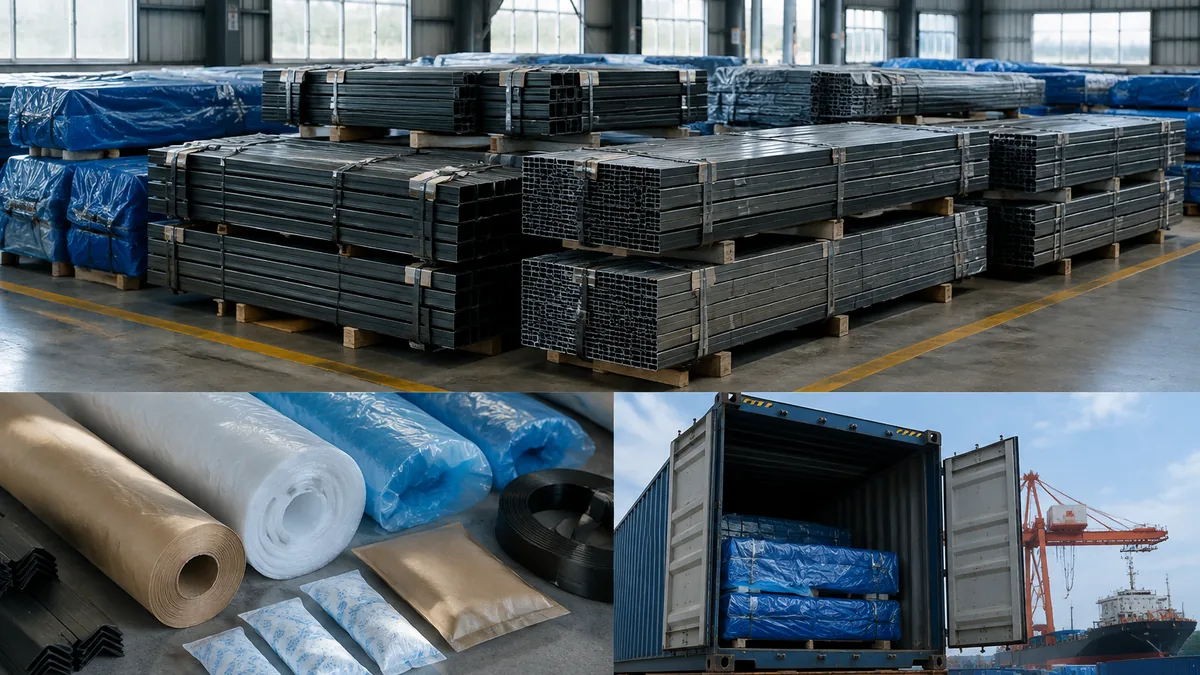 Bultos de acero preparados para exportación con protección de extremos antes de un envío FOB o CIF