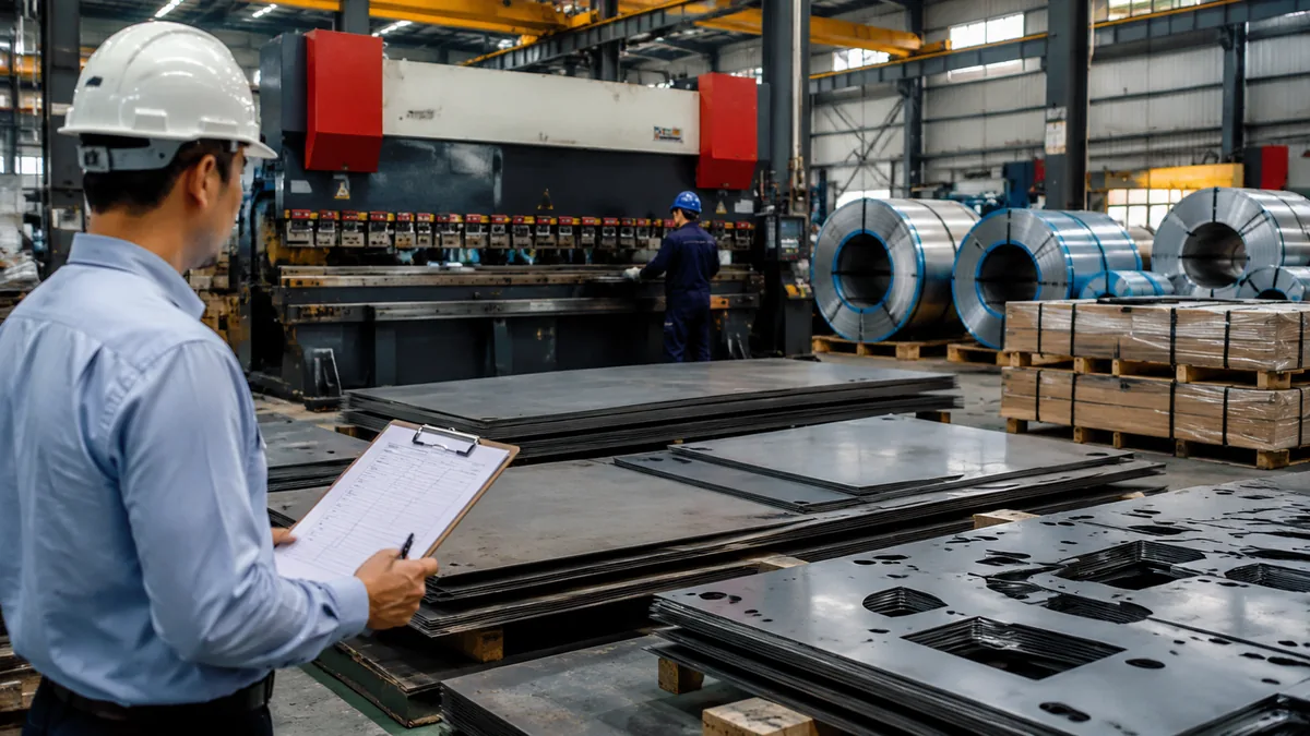 Atelier de fabrication vérifiant la tôle avant pliage et découpe