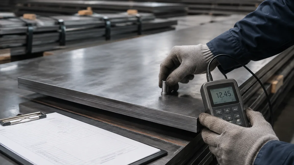 Ensayo ultrasónico de chapas de acero al carbono en mesa de control de calidad de fábrica