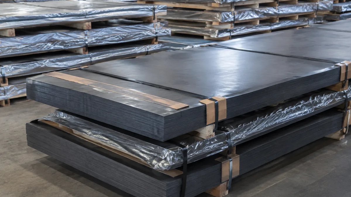 Chapas de acero estructural al carbono embaladas para exportación con etiquetas y protección de cantos