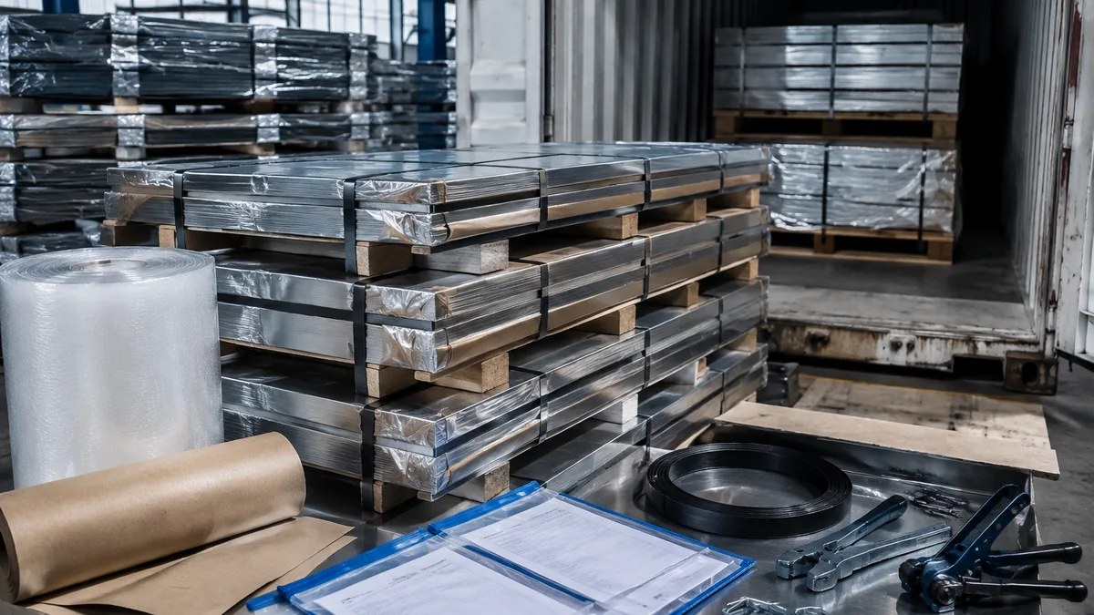 Productos de acero embalados para exportación listos para cargar en contenedor tras los documentos de conformidad