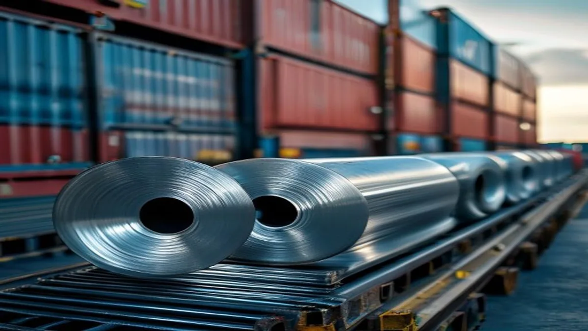 Bobina de acero embalada para exportación con bordes protegidos y etiqueta trazable