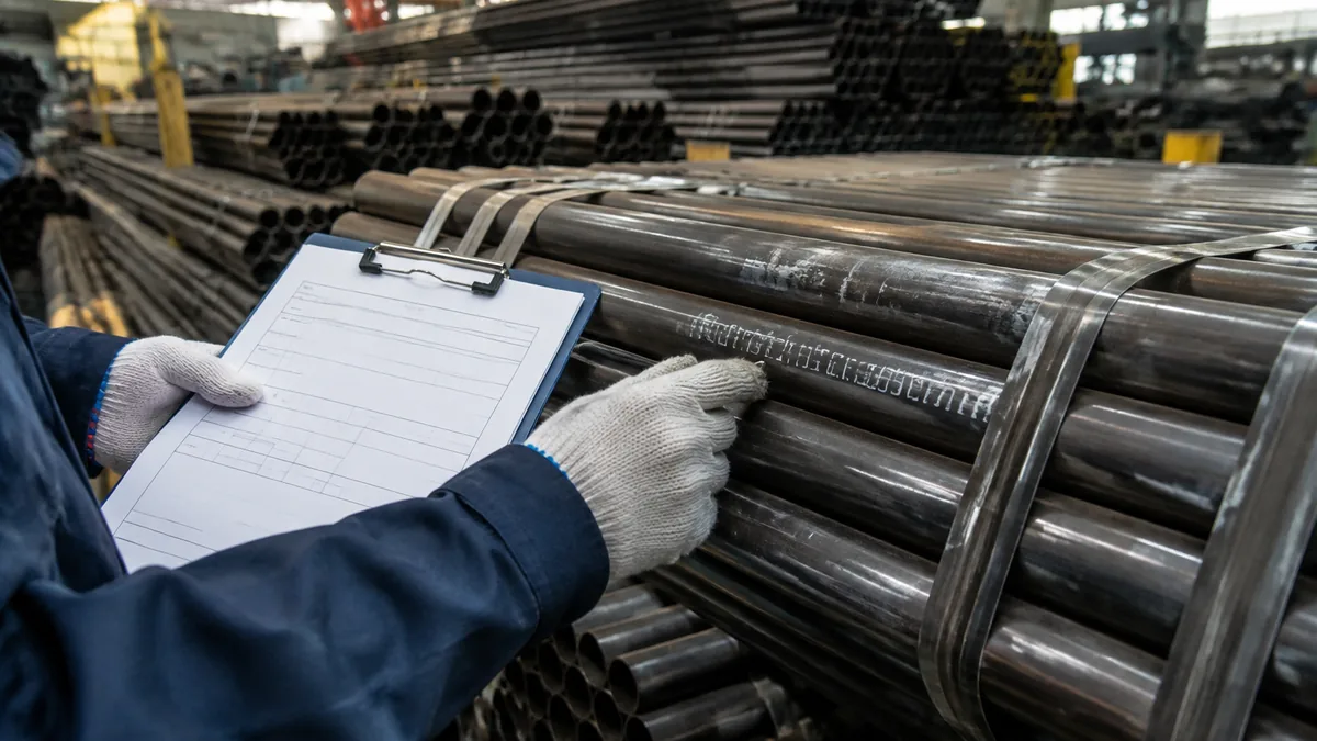 Inspecteur mesurant le diamètre extérieur et l'épaisseur de paroi d'un tube acier lors d'une inspection avant expédition