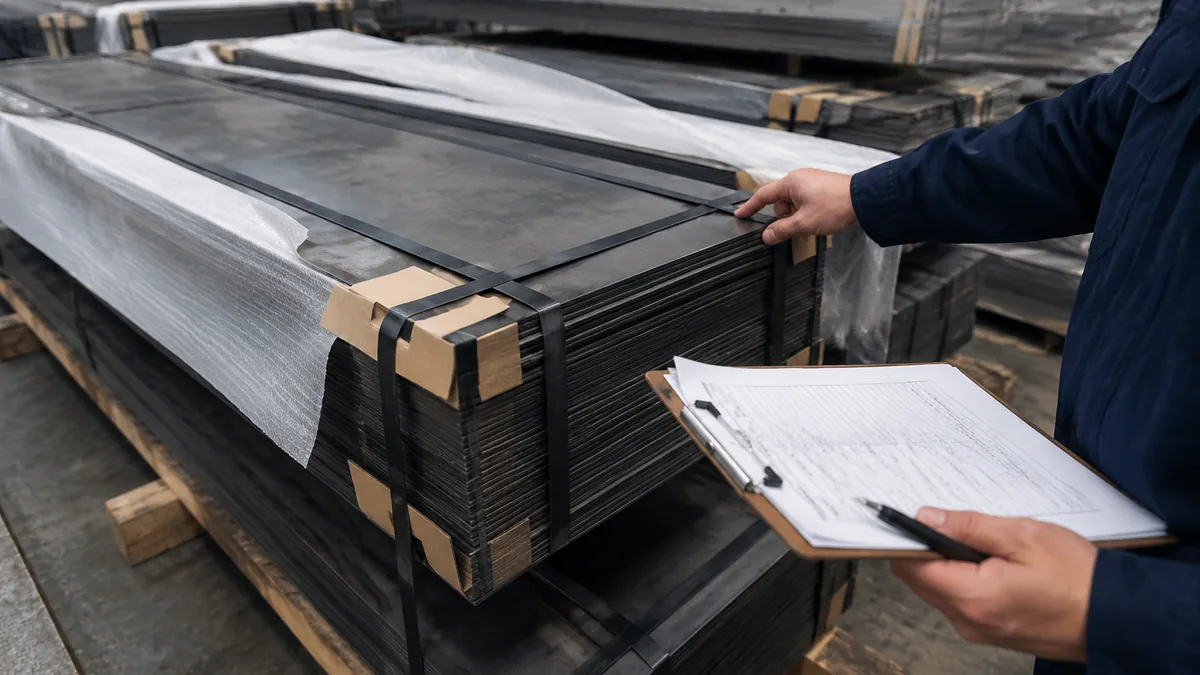 Chapas de acero en almacén de exportación mientras se fija el alcance del RFQ